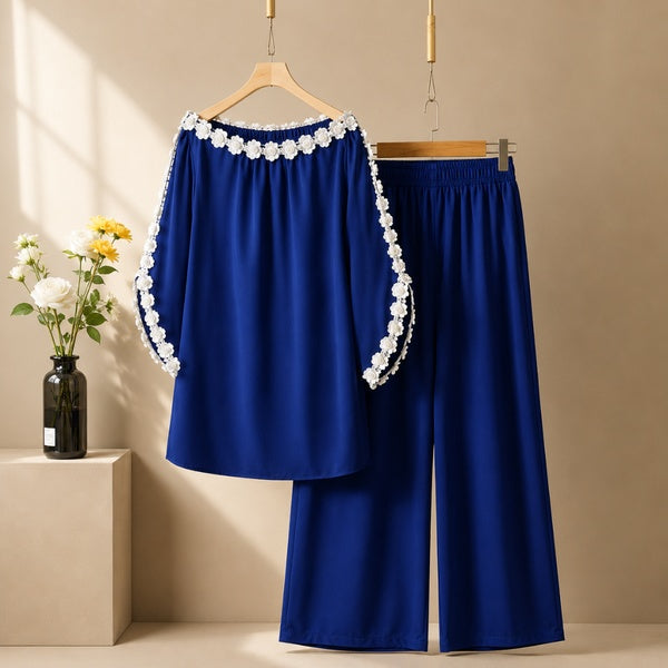 Women's Elegant Off-Shoulder Floral Lace Trim Co-Ord Lounge Set