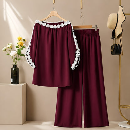 Women's Elegant Off-Shoulder Floral Lace Trim Co-Ord Lounge Set