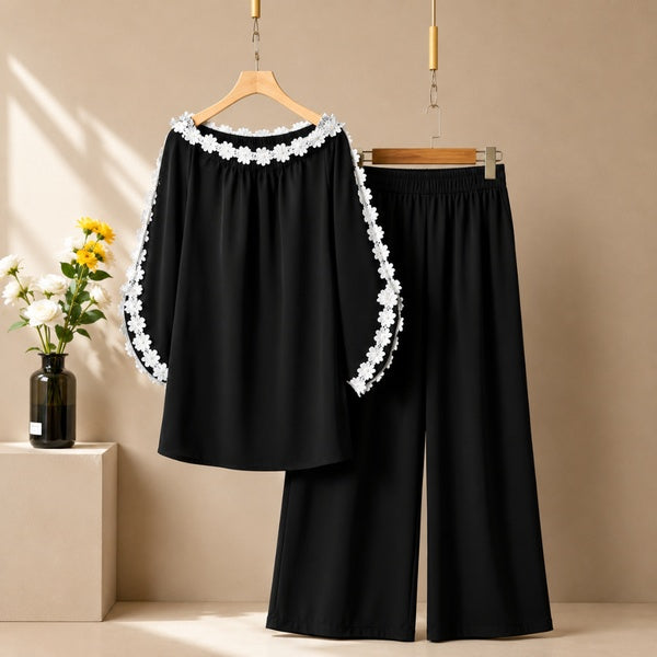 Women's Elegant Off-Shoulder Floral Lace Trim Co-Ord Lounge Set
