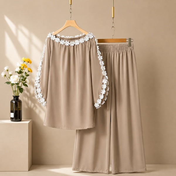Women's Elegant Off-Shoulder Floral Lace Trim Co-Ord Lounge Set