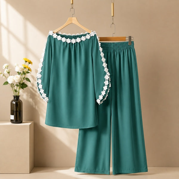 Women's Elegant Off-Shoulder Floral Lace Trim Co-Ord Lounge Set