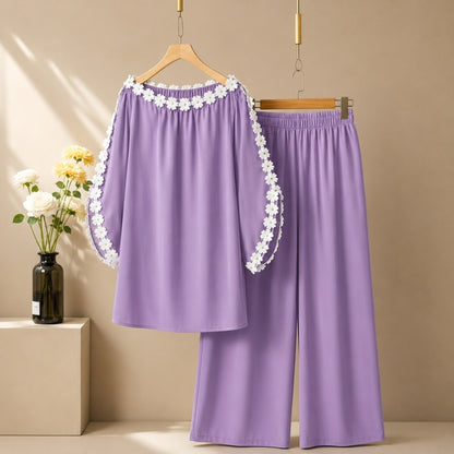 Women's Elegant Off-Shoulder Floral Lace Trim Co-Ord Lounge Set