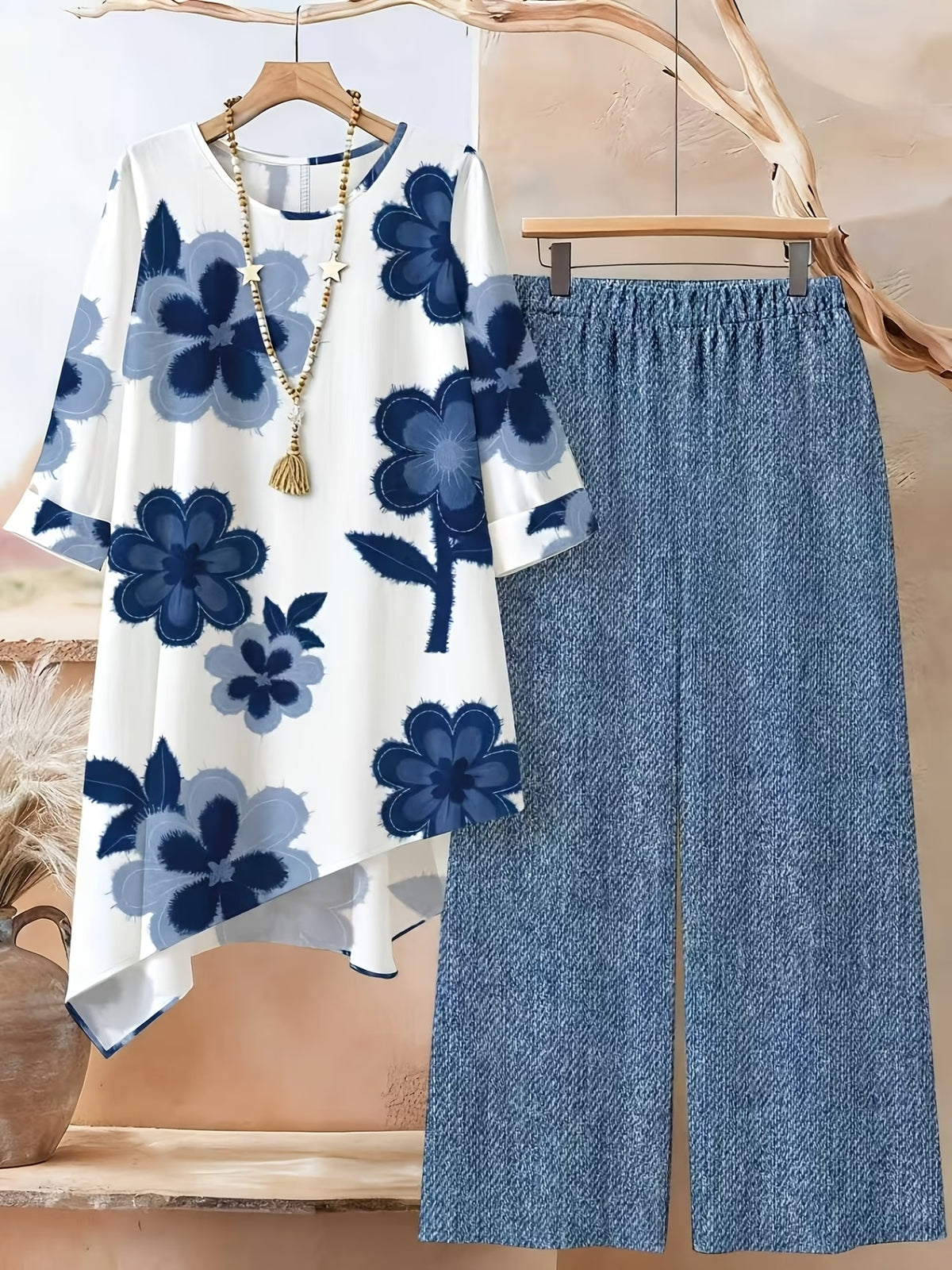 Plus Size Printed 2-Piece Co-Ord Set – Irregular Hem Top & Wide-Leg Pants