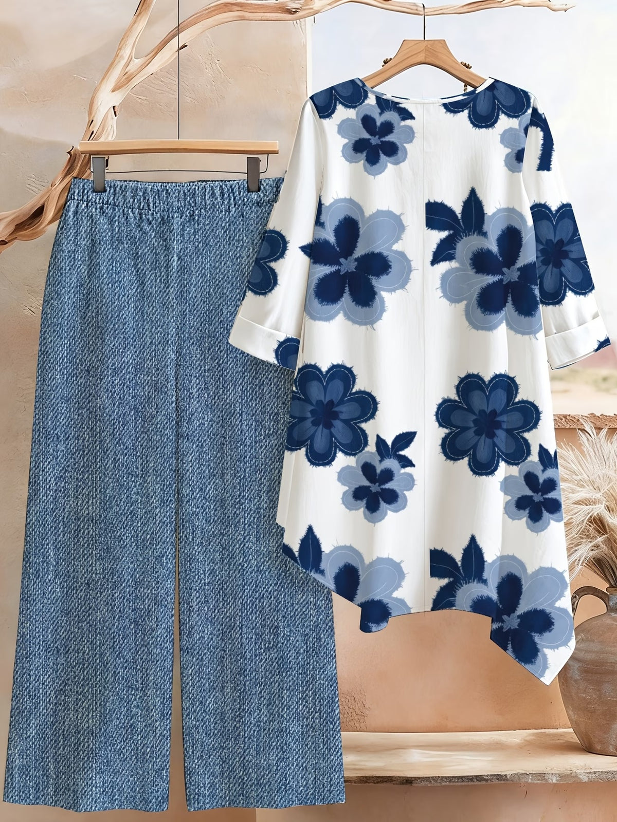 Plus Size Printed 2-Piece Co-Ord Set – Irregular Hem Top & Wide-Leg Pants