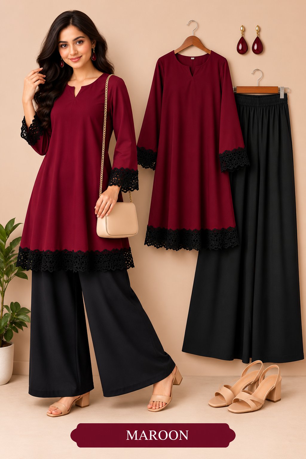 Elegant Lace Detail Kurta Palazzo Set for Women
