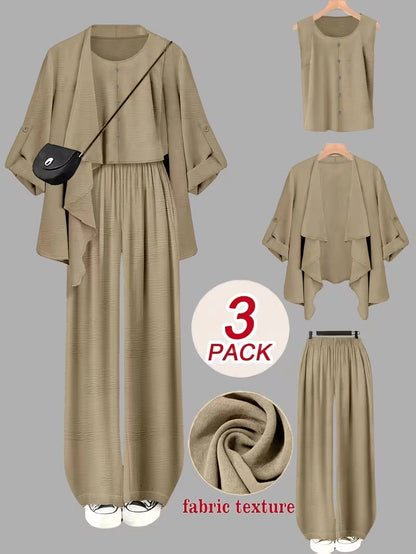 Elegant 3-Piece Co-Ord Set – Cardigan Jacket, Sleeveless Top & Relaxed Pants