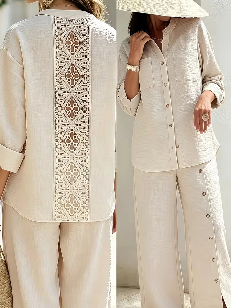 Elegant Lace Back Co-Ord Set – Relaxed Shirt & Wide-Leg Pants for Effortless Style