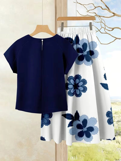 Women's Summer Casual Skirt Co-Ord Set | Solid Top & Printed Skirt 2-Piece Outfit
