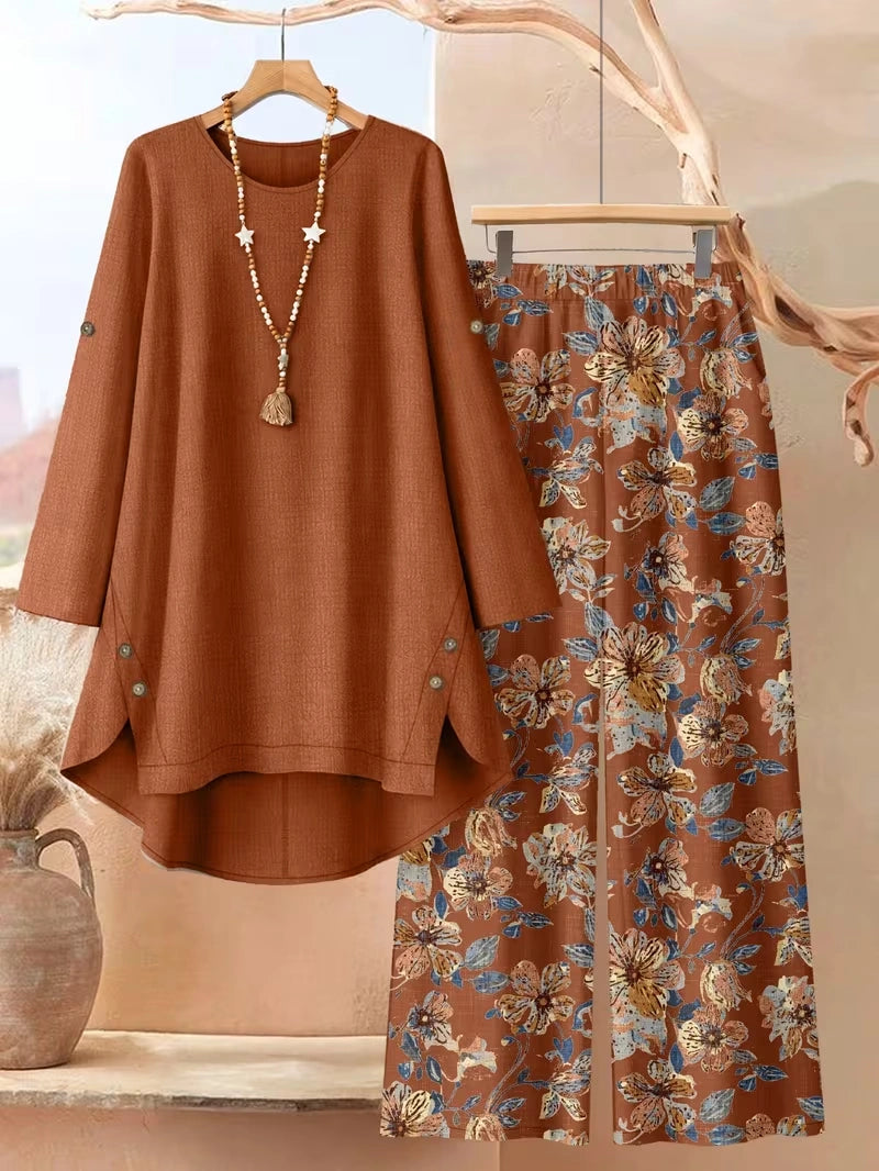 Plus Size Floral Elegance Co-Ord Set with Asymmetrical Tunic & Wide-Leg Pants