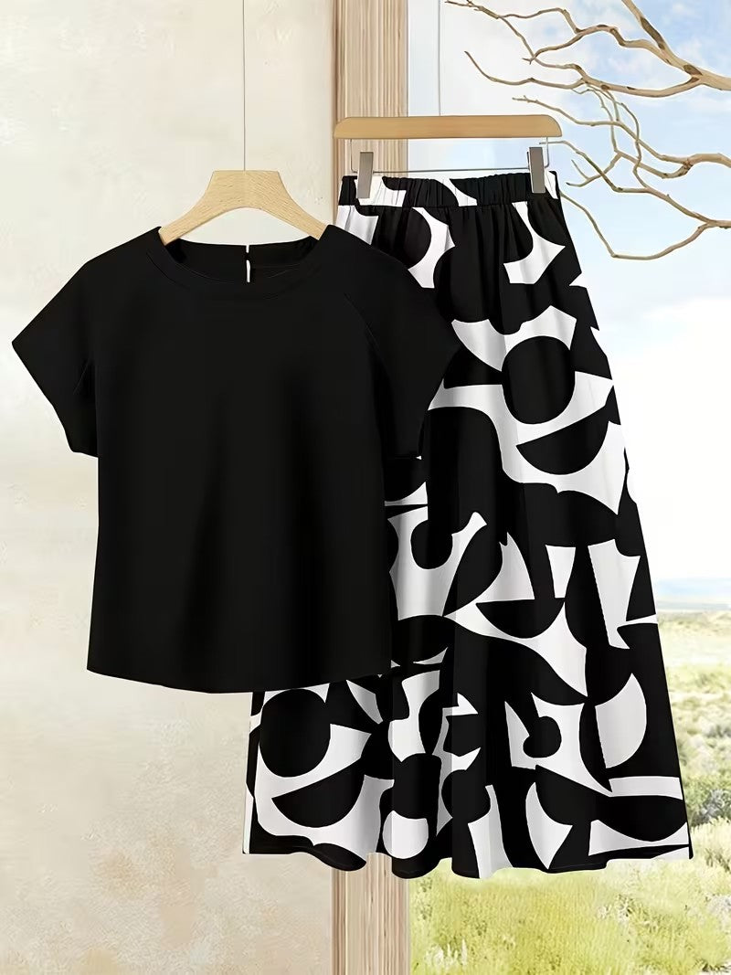 Women's Summer Casual Skirt Co-Ord Set | Solid Top & Printed Skirt 2-Piece Outfit