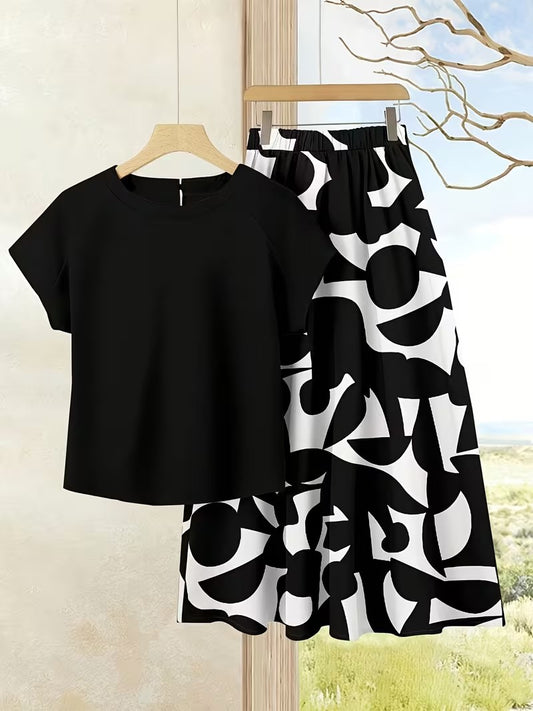 Women's Summer Casual Skirt Co-Ord Set | Solid Top & Printed Skirt 2-Piece Outfit