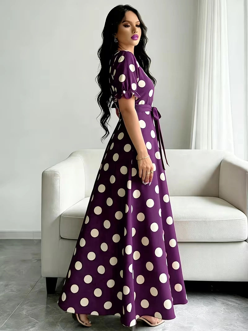 Women's Timeless Polka Dot Midi Dress – Puff Sleeve Belted Fit & Flare Dress