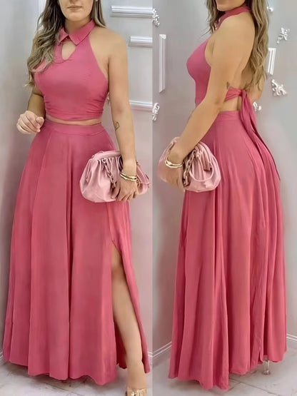 Elegant Halter Neck Co-Ord Skirt Set – Backless Crop Top & High-Slit Maxi Skirt
