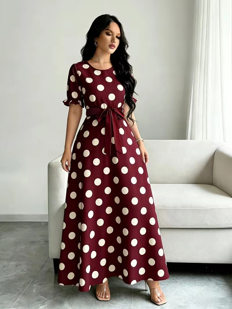 Women's Timeless Polka Dot Midi Dress – Puff Sleeve Belted Fit & Flare Dress