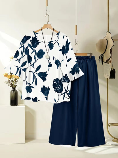 Plus Size Floral Elegance Co-Ord Set with Asymmetrical Tunic & Wide-Leg Pants