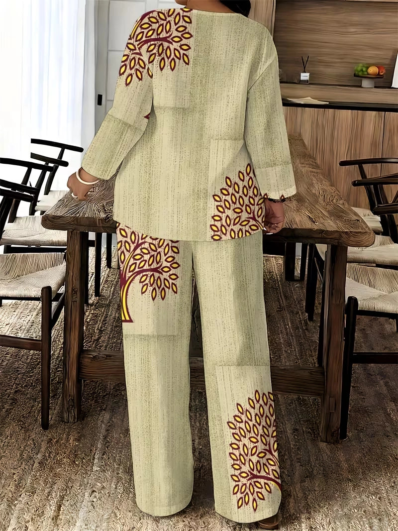 Women's Ethnic Leaf Print Boho Co-Ord Set – Long Sleeve Top & Wide-Leg Pants (2-Piece)