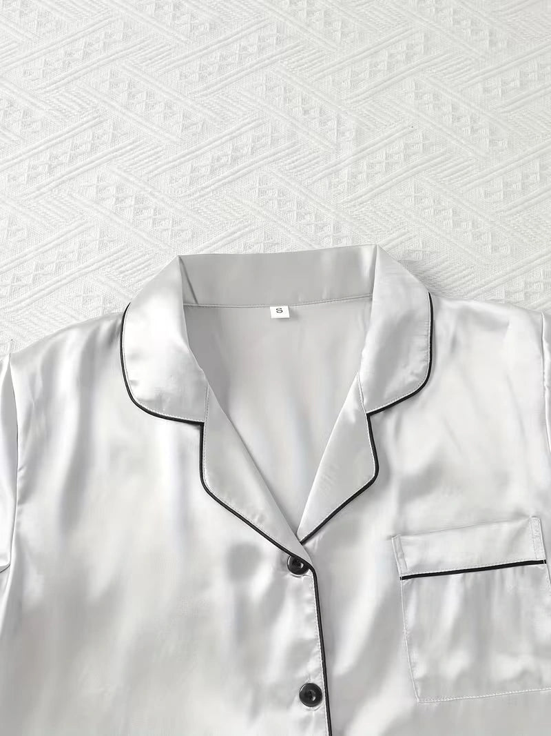 Women's 2-Piece Satin Stripe Pajama Set with Button-Up Shirt & Relaxed Shorts