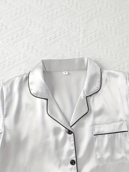 Women's 2-Piece Satin Stripe Pajama Set with Button-Up Shirt & Relaxed Shorts