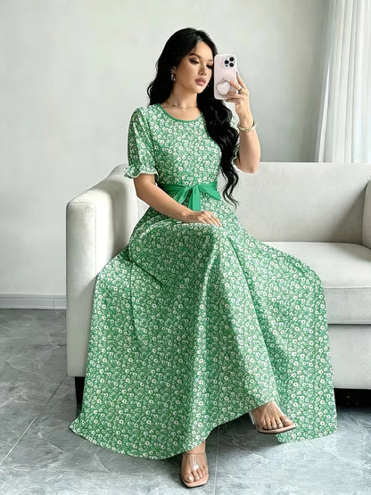 Women's Timeless Polka Dot Midi Dress – Puff Sleeve Belted Fit & Flare Dress