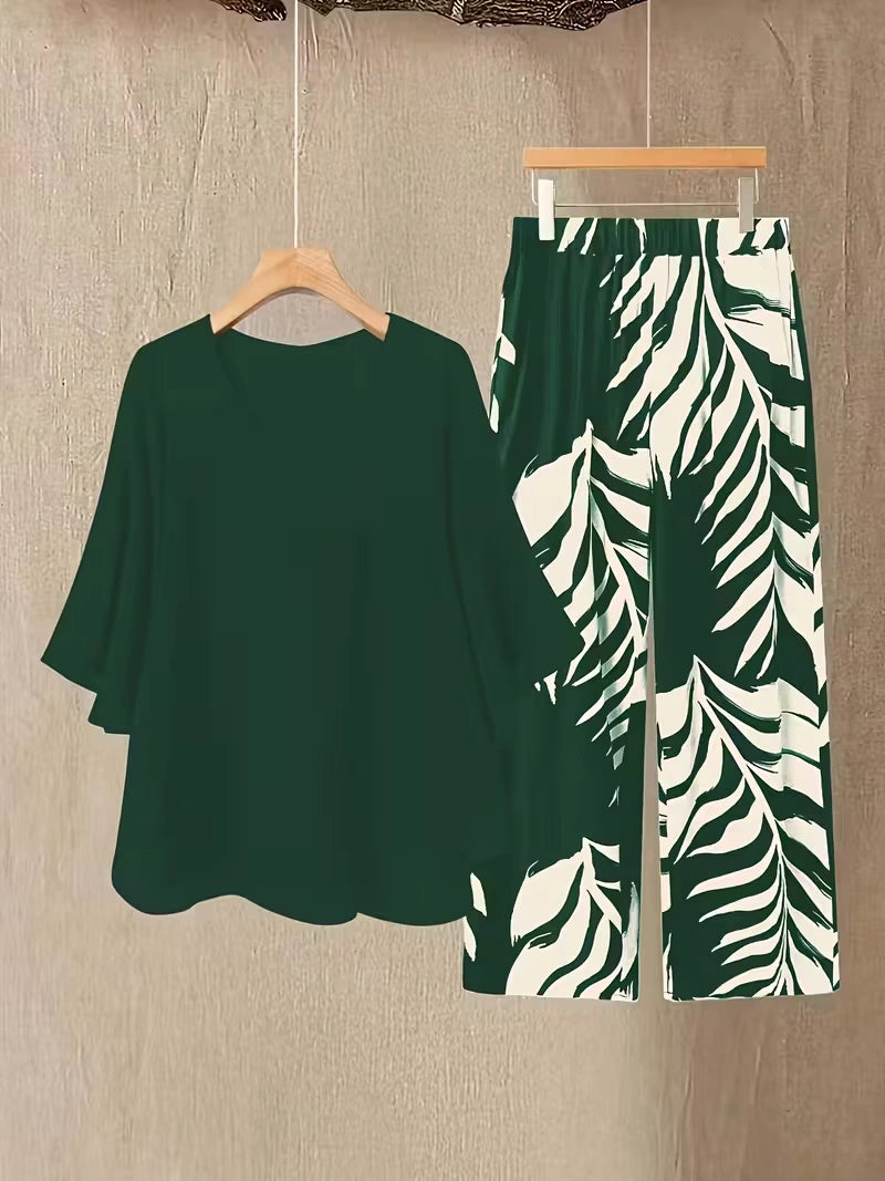 Chiffon Co-Ord Set – Batwing Sleeve Loose Top & Wide-Leg Pants (2-Piece)