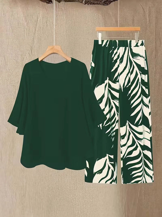 Chiffon Co-Ord Set – Batwing Sleeve Loose Top & Wide-Leg Pants (2-Piece)