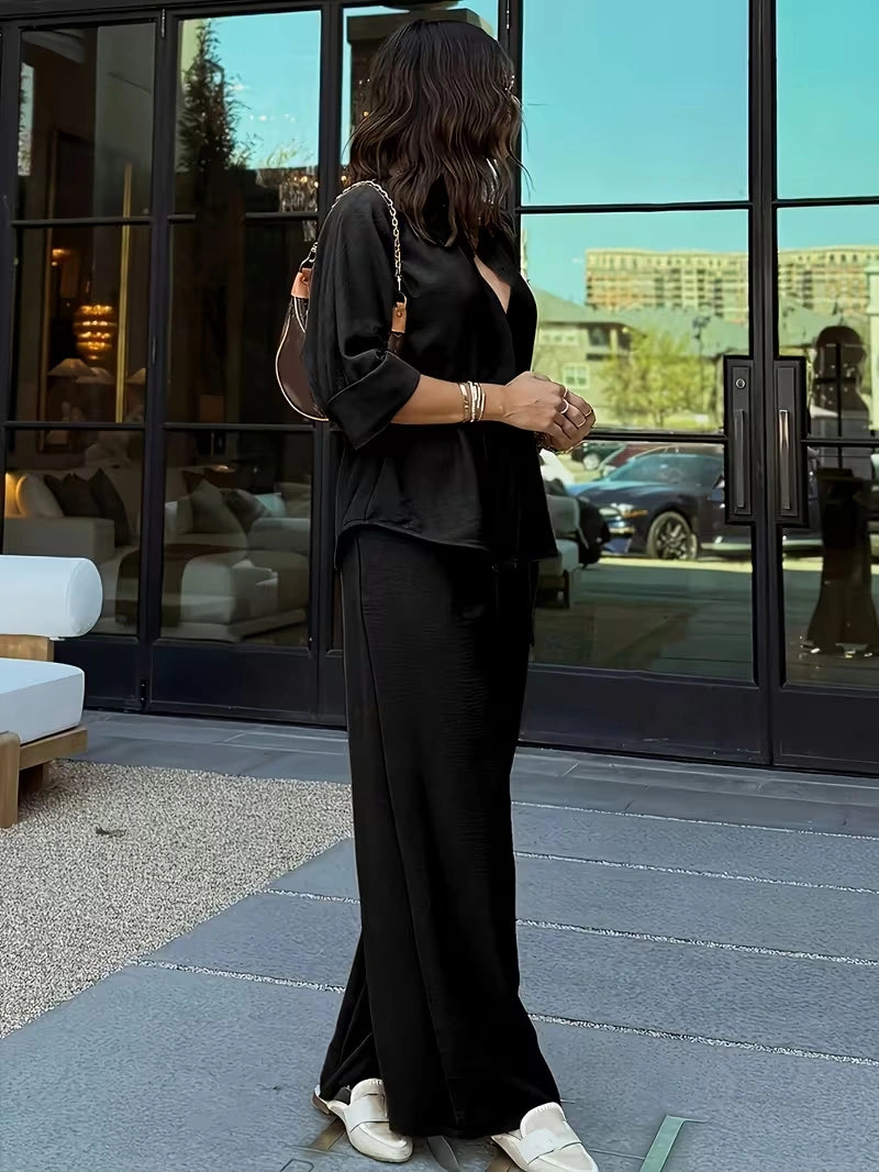 Relaxed Drawstring Co-Ord Set – Lapel Long Sleeve Top & Wide-Leg Pants