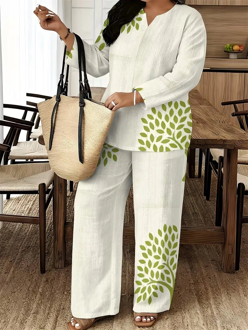 Women's Ethnic Leaf Print Boho Co-Ord Set – Long Sleeve Top & Wide-Leg Pants (2-Piece)
