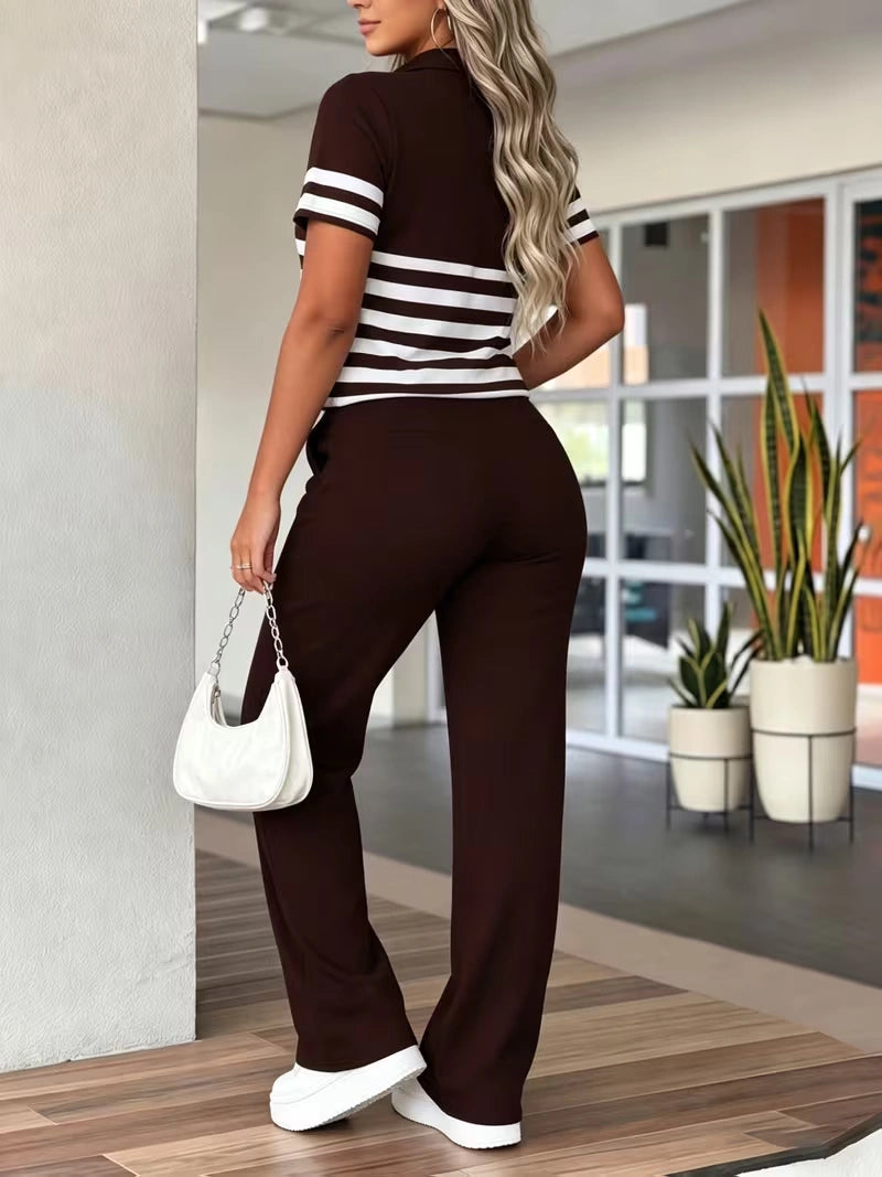 Women's Summer Striped Casual Co-Ord Set | Half-Zip Polo Top & Wide-Leg Pants 2-Piece Outfit