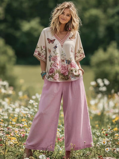 Women's Vintage Floral Wide-Leg Co-Ord Set – Elegant 2-Piece Outfit