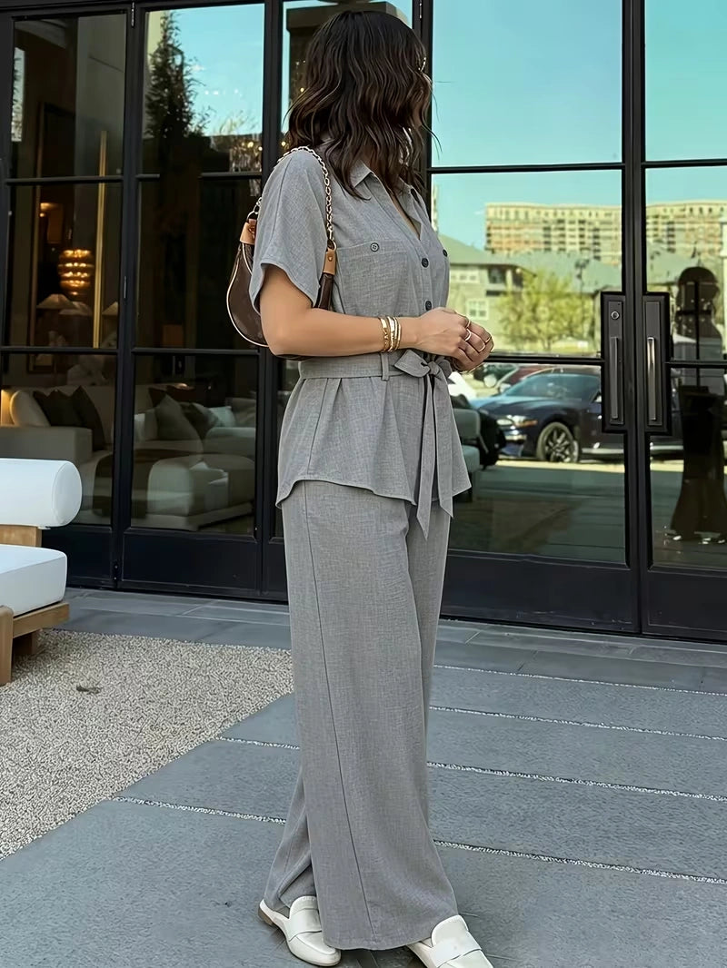 Relaxed Drawstring Co-Ord Set – Lapel Long Sleeve Top & Wide-Leg Pants