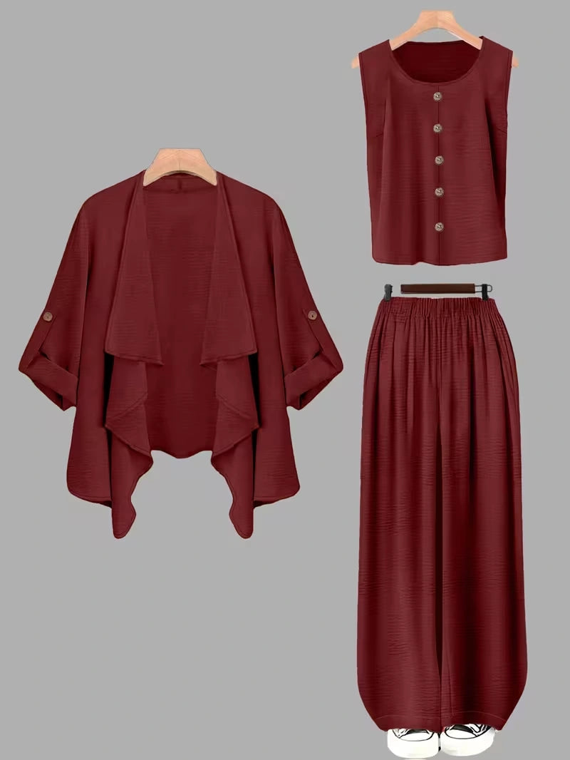 Elegant 3-Piece Co-Ord Set – Cardigan Jacket, Sleeveless Top & Relaxed Pants