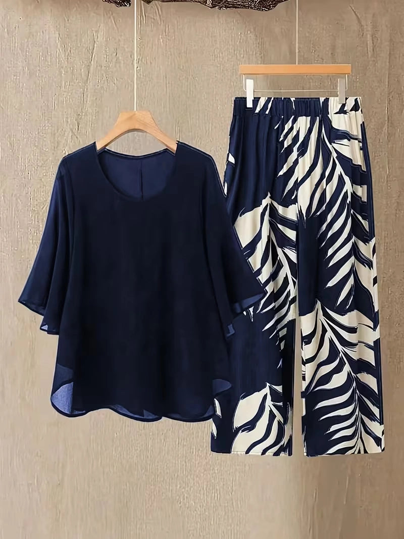 Chiffon Co-Ord Set – Batwing Sleeve Loose Top & Wide-Leg Pants (2-Piece)