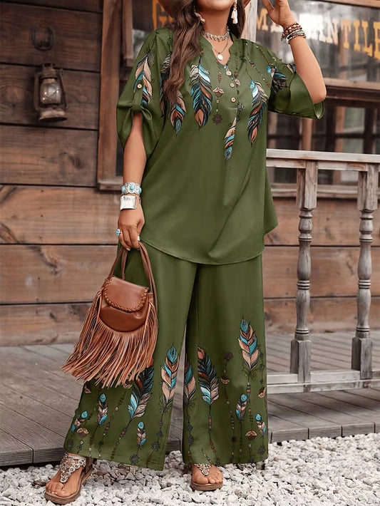 Plus Size Vintage Print Co-Ord Set – Relaxed Long Sleeve Top & Wide-Leg Pants