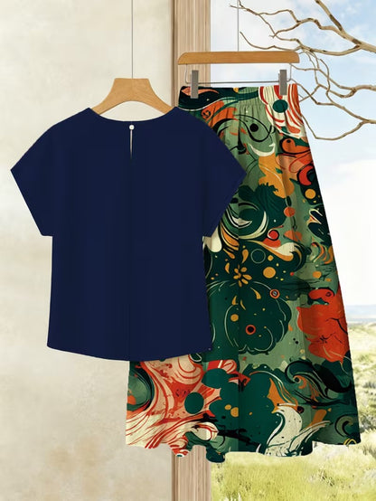 Women's Summer Casual Skirt Co-Ord Set | Solid Top & Printed Skirt 2-Piece Outfit