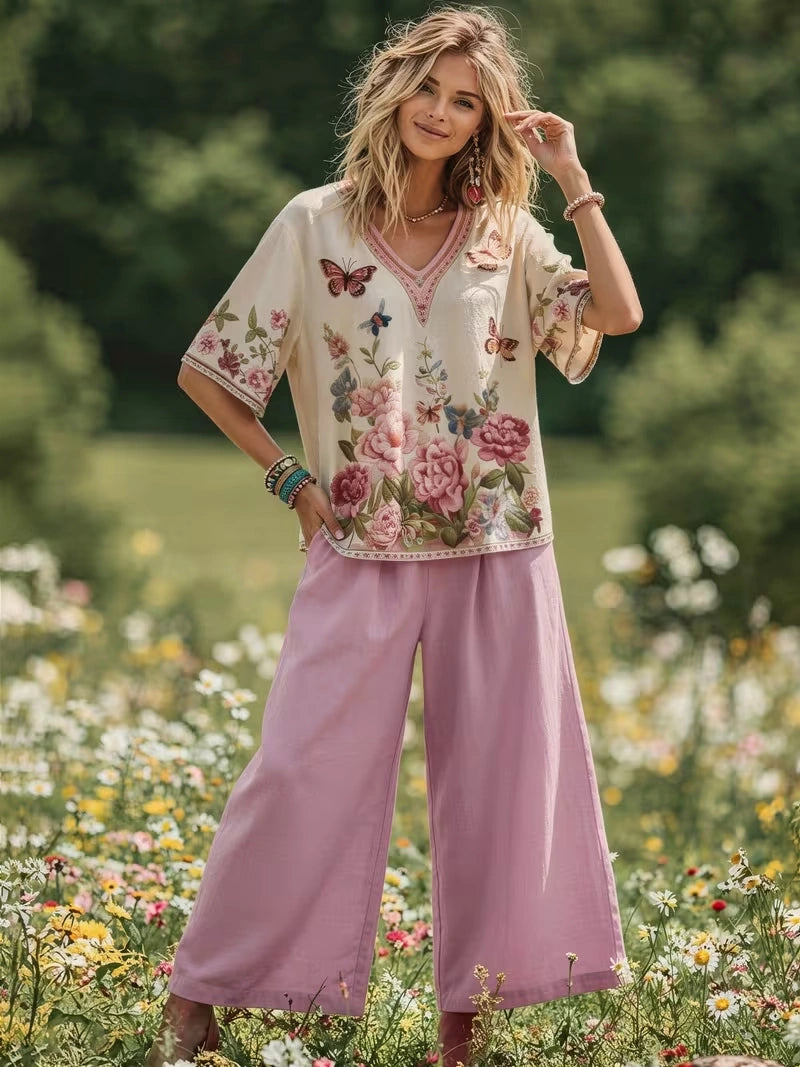 Women's Vintage Floral Wide-Leg Co-Ord Set – Elegant 2-Piece Outfit