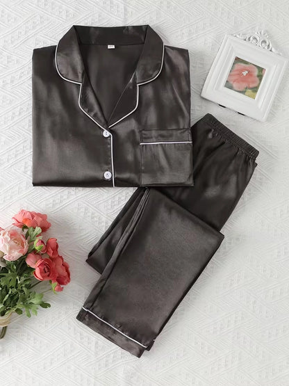 Women's 2-Piece Satin Stripe Pajama Set with Button-Up Shirt & Relaxed Shorts