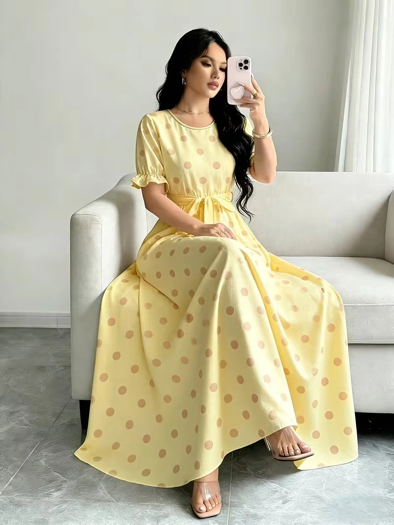 Women's Timeless Polka Dot Midi Dress – Puff Sleeve Belted Fit & Flare Dress