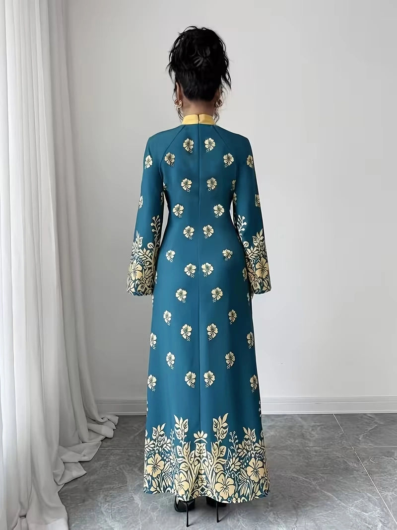 Women's Elegant Floral Print Maxi Dress | Long Sleeve A-Line Party & Evening Dress