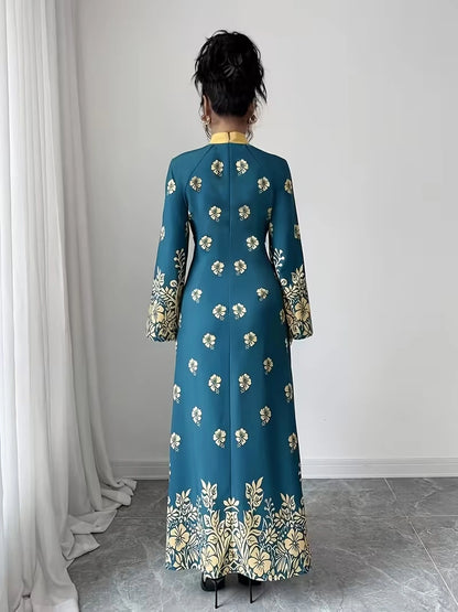 Women's Elegant Floral Print Maxi Dress | Long Sleeve A-Line Party & Evening Dress