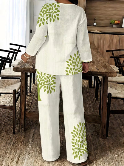 Women's Ethnic Leaf Print Boho Co-Ord Set – Long Sleeve Top & Wide-Leg Pants (2-Piece)