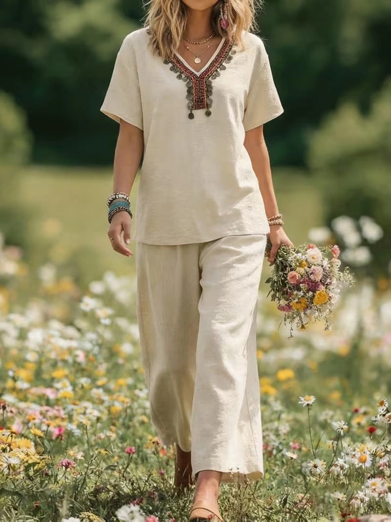 Women's Vintage Floral Wide-Leg Co-Ord Set – Elegant 2-Piece Outfit