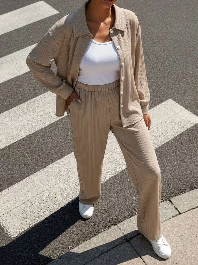 Classic Button-Down Shirt & Wide-Leg Co-Ord Set for Women