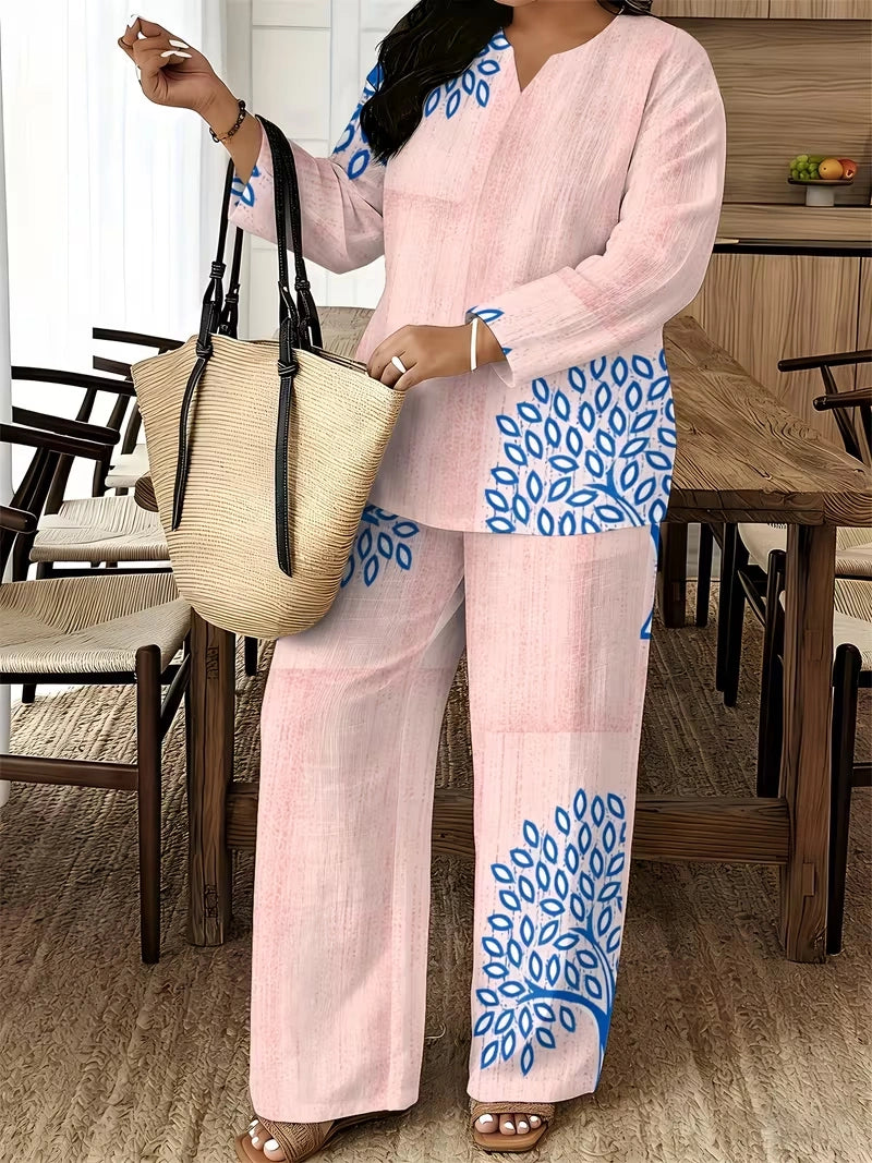 Women's Ethnic Leaf Print Boho Co-Ord Set – Long Sleeve Top & Wide-Leg Pants (2-Piece)