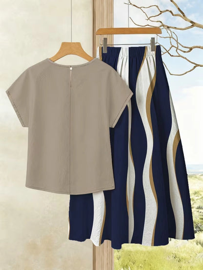 Women's Summer Casual Skirt Co-Ord Set | Solid Top & Printed Skirt 2-Piece Outfit