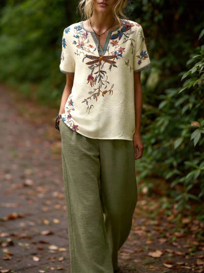 Women's Vintage Floral Wide-Leg Co-Ord Set – Elegant 2-Piece Outfit