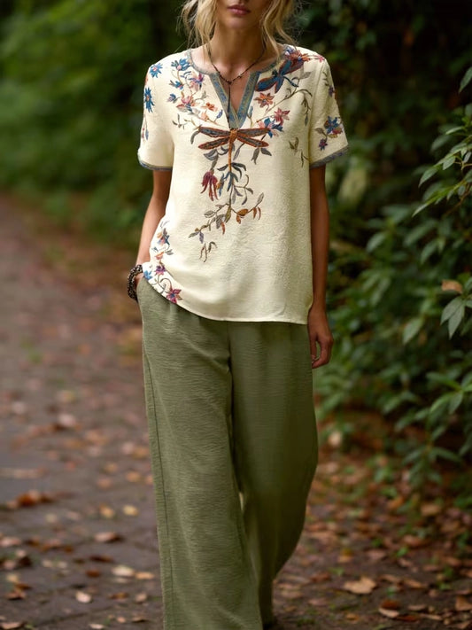 Women's Vintage Floral Wide-Leg Co-Ord Set – Elegant 2-Piece Outfit
