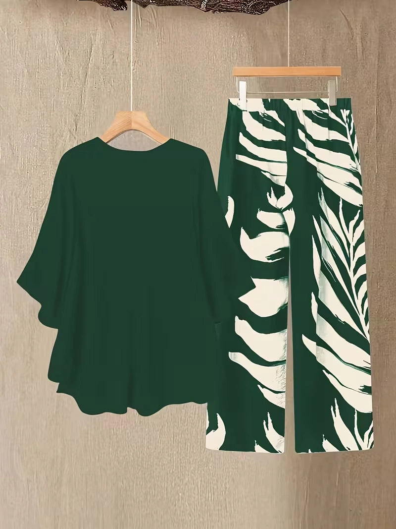 Chiffon Co-Ord Set – Batwing Sleeve Loose Top & Wide-Leg Pants (2-Piece)