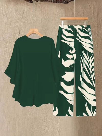 Chiffon Co-Ord Set – Batwing Sleeve Loose Top & Wide-Leg Pants (2-Piece)