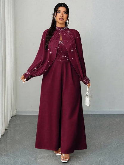 Women’s Maroon Embellished Cape Sleeve Wide-Leg Jumpsuit
