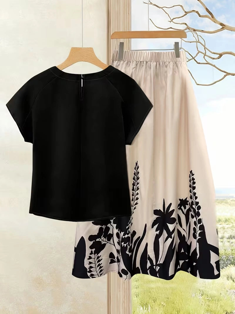 Women's Summer Casual Skirt Co-Ord Set | Solid Top & Printed Skirt 2-Piece Outfit